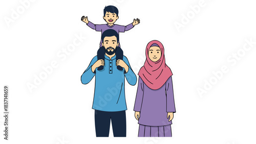 Joyful Muslim Family Portrait Featuring Father Carrying Son on Shoulders and Mother Beside Them in Traditional Attire Against a Black Background