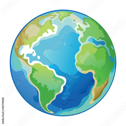 A colorful vector-style globe with bright blue oceans and green continents, illustrated in a clean, modern, and slightly cartoonish style