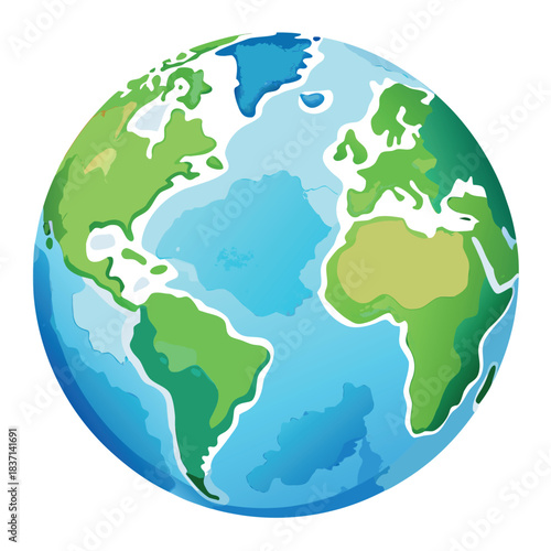 A colorful vector-style globe with bright blue oceans and green continents, illustrated in a clean, modern, and slightly cartoonish style