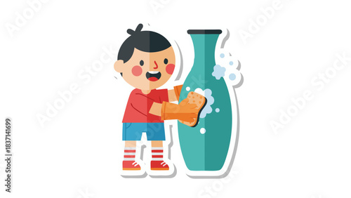 Joyful young boy with orange gloves and red shirt enthusiastically cleaning a teal vase with a sponge creating bubbly foam in a brightly lit scene