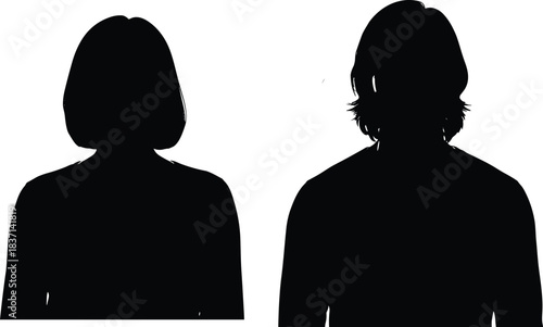 Silhouette of two people, short and long hair, black profile, white background, gender comparison, artistic contrast, headshot style