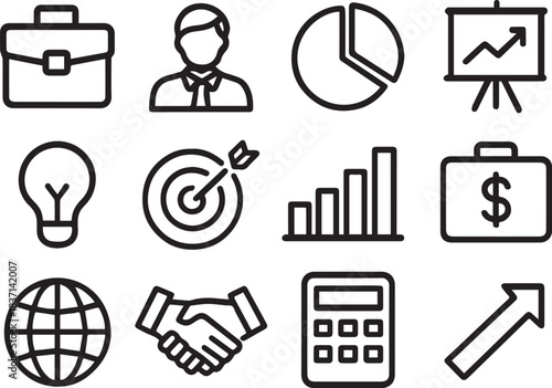 Essential business, finance, strategy, and success line icons