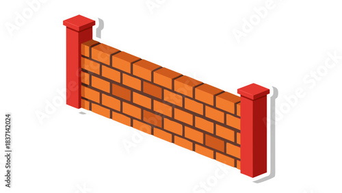 Isometric Brick Wall Section With Red Pillars And Textured Orange Bricks A Simple Architectural Element With Clean Edges And A Subtle Shadow Effect On A Transparent Background