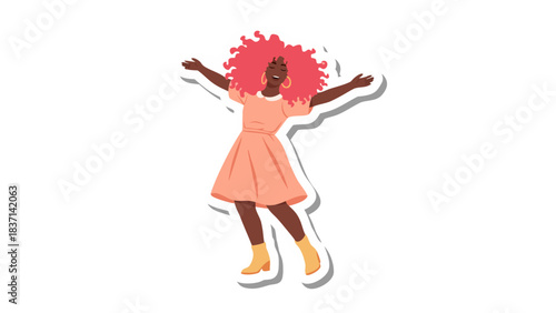 Joyful Black Woman with Vibrant Pink Afro Hair Dancing in a Peach Dress and Yellow Boots Isolated on a Black Background with a White Outline