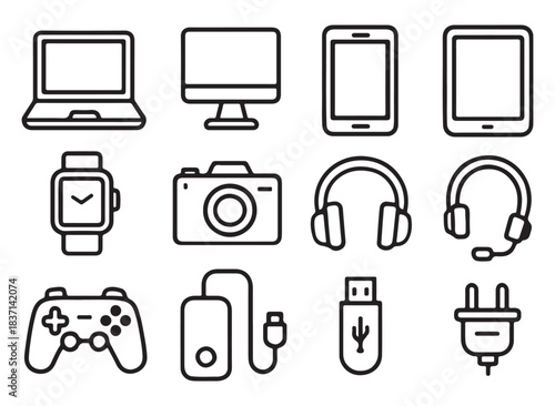 Modern electronic devices and accessories line icon set technology