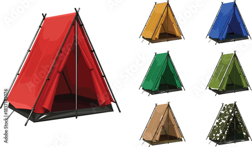 Colorful Vintage A-Frame Tent Collection Vector Illustration Set, Camping Gear for Outdoor Adventure, Travel, Expedition, and Wilderness Exploration.