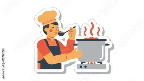 Joyful Chef Tasting Delicious Food From A Steaming Pot While Cooking On A Gas Stove Wearing A Chef Hat And Apron