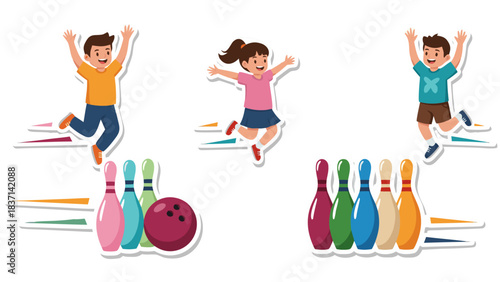 Joyful Children Celebrating a Bowling Game Victory with Colorful Pins and a Red Bowling Ball on a Black Background Vivid Illustration of Active Fun and Recreation