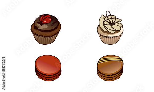 Sweet Temptations: A delicious display of colorful cupcakes and macarons, ready to satisfy sweet cravings.