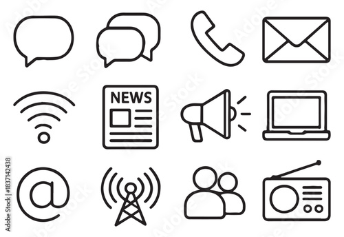 Communication technology media line icons set digital connectivity
