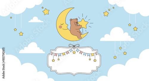 Cute baby shower invitation template with a bear on the moon touching a star and a decorative frame for text in a blue sky.