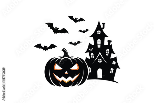 Spooky halloween scene with jack o lantern haunted house and bats