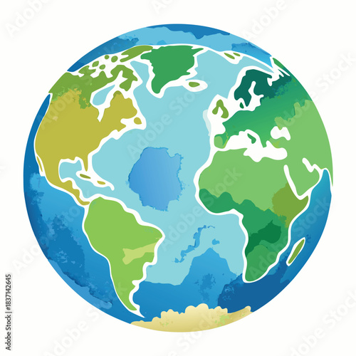 A colorful vector-style globe with bright blue oceans and green continents, illustrated in a clean, modern, and slightly cartoonish style