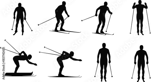 Cross-Country Skiing Silhouettes Set Black Vector Clip Art Bundle, Winter Nordic Sport Activity Training Icons, Athletes Skiers Skating and Classic Style, Outline Graphic Design 