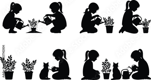 Cute little girl gardening silhouettes vector pack, kid character watering plants in pots with tiny house cat friend, simple black profile illustration border set for nursery decor.