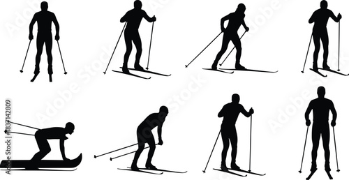 Cross-Country Skiing Silhouettes: Dynamic Vector Set Illustrating Diverse Nordic Skier Positions, Poses, and Actions for Winter Sports, Recreation, and Athletic Design Projects,