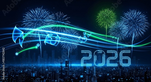 Futuristic night cityscape with glowing 2026 numerals vibrant fireworks and flowing data streams