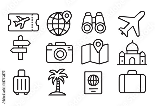 Travel and tourism line art icons set, global journey adventure.