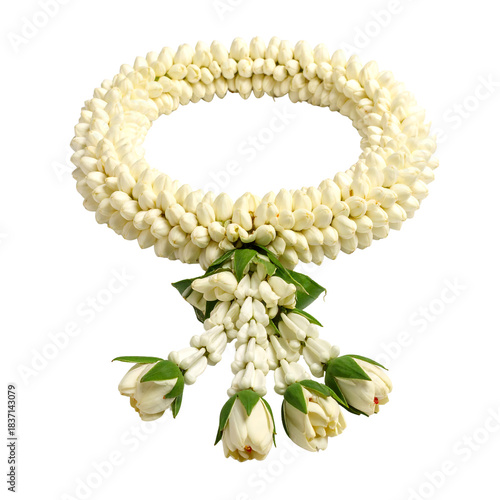 A traditional Thai jasmine garland, or Phuang Malai, meticulously handcrafted with numerous white jasmine buds, symbolizing respect, purity, and reverence.