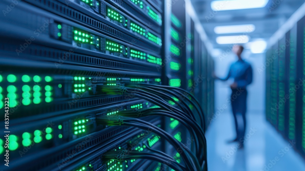 Fototapeta premium A data center with green-lit servers and cables, featuring a blurred figure in the background, indicating a high-tech environment.