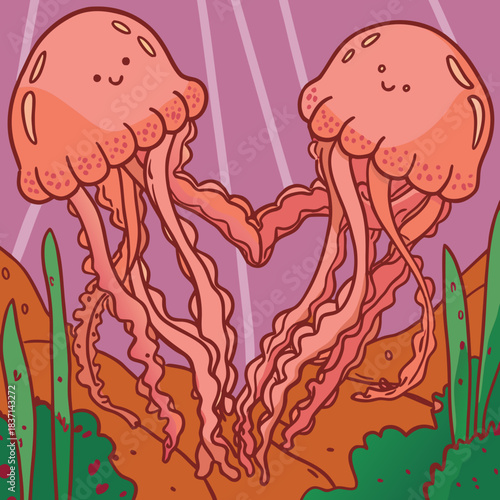 Cute cartoon jellyfish forming a heart shape in colorful ocean scene  