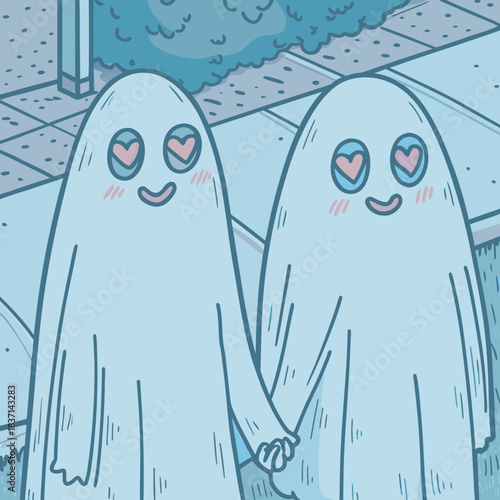 Cartoon ghosts holding hands and smiling on street background  