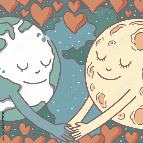 Earth and Moon characters holding hands surrounded by hearts