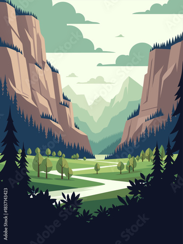 Majestic Mountain Valley with a Winding River and Lush Green Trees Under a Cloudy Sky