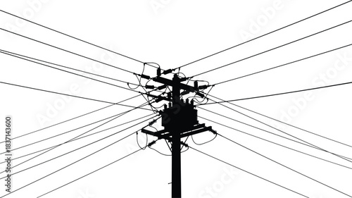 Electric utility pole black silhouette tangled wires transformer messy urban environment high voltage power transmission lines distribution infrastructure crisis contrast blue sky vector illustration