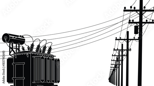 Electrical power substation step-down transformer connected to overhead utility poles carrying high-voltage transmission lines, industrial energy distribution infrastructure 