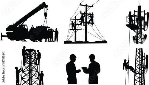 Electrician maintenance workers repair telecommunication infrastructure, installing fiber optic cables and mobile network antennas on high voltage power poles, cranes assisting in engineering 