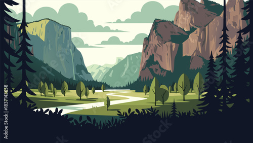 Tranquil mountain valley illustration featuring a winding river through lush forests under a cloudy sky, depicting a serene natural landscape