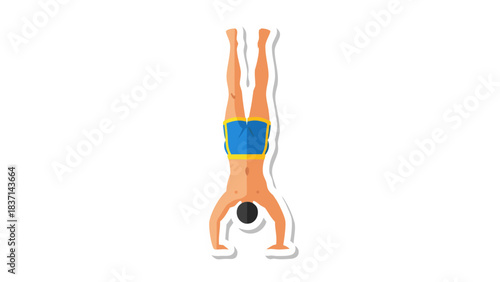 Man Performing Handstand Exercise in Blue Swim Trunks on a Black Background with White Outline