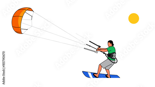 Man Kiteboarding With Orange Kite and Blue Board Under Yellow Sun on Black Background Athletic Water Sport Recreation Activity