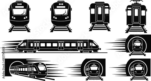 High-Speed Rail Travel: Modern Train Collection for Transportation Logistics, Commuter and Subway Services, Iconic Black and Blue Line Art Vector Illustration Set