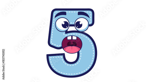 Light Blue Number Five Character With Wide Eyes Open Mouth And Stitched Fabric Texture Against Black Background