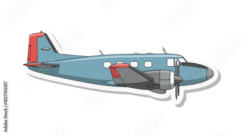 Light Blue Vintage Airplane With Red Accents And Gray Engine Detailed Illustration On Black Background