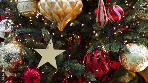 A variety of Christmas tree decorations and balls.