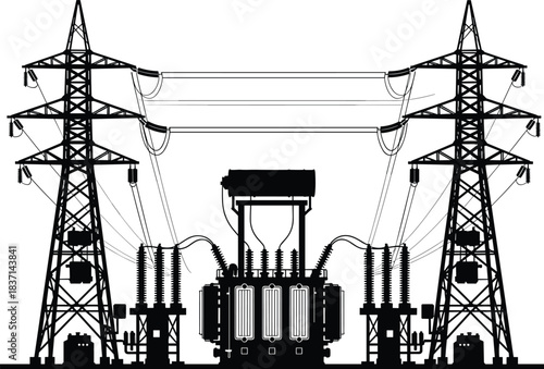 High-Voltage Electrical Substation Vector Silhouette Blueprint, Power Transmission Grid Infrastructure, Energy Distribution Network, Industrial Technology Engineering Equipment, Transformer Towers, 