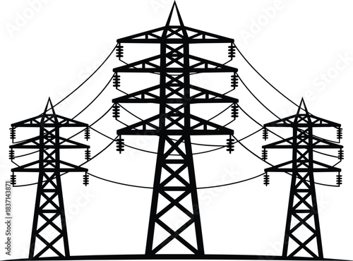 High-Voltage Electricity Transmission Power Grid Towers Silhouette, Energy Infrastructure Network, Industrial Landscape, Electric Supply Line, Modern Technology, Global Power Distribution, Black and 