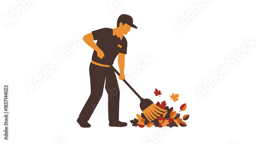 Man in Dark Brown Uniform and Cap Sweeping Autumn Leaves in a Pile with a Rake Creating a Mess on a Black Background Simple Flat Design Illustration