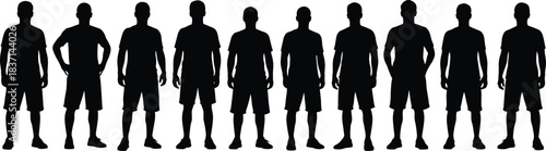 Male silhouettes in casual summer clothing standing together in a diverse line-up, showcasing body type variety, teamwork, and unity for fitness, sports, health, and lifestyle concepts,