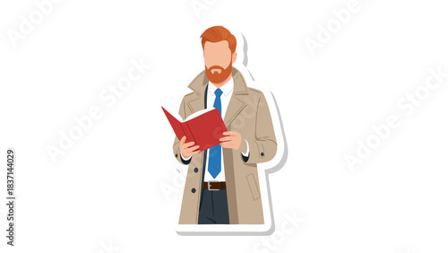 Man In Tan Trench Coat And Blue Tie Reads A Red Book The Man Has Red Hair And Beard Isolated On Black Background With White Outline And Shadow