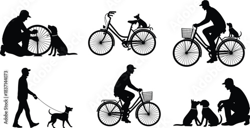 Man and Pet Dog Silhouettes Engaging in Outdoor Activities Cycling and Walking, Featuring Owner Fixing Bicycle Wheel and Relaxing Together for a Happy Lifestyle Vector Illustration