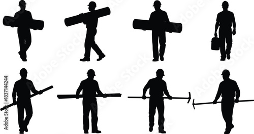 Professional Construction Workers Silhouette Collection: Diverse Builders Carrying Tools, Pipes, and Equipment, Featuring Hard Hats, Laborers, and Tradesmen for Industry and Safety Concepts