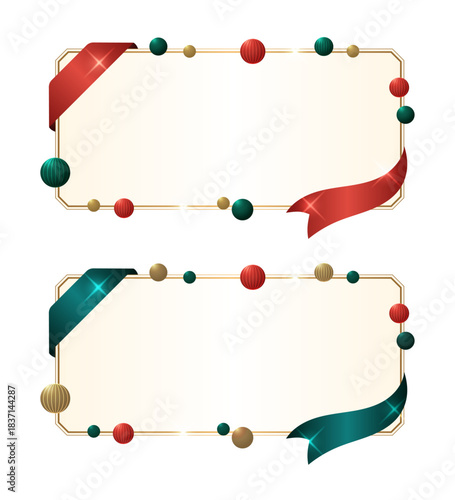 ゴールドの縁取りがある長方形フレーム2点セット、赤とティールグリーンと金色のオーナメントとリボンで装飾された、クリスマスやホリデーシーズンの招待状・案内バナーに最適なベクターイラスト