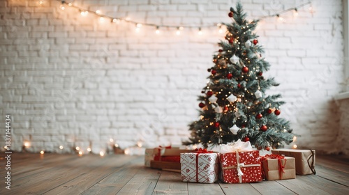 Cozy Christmas Decor: White Brick Wall, Twinkling Lights, and Gift-Wrapped Presents