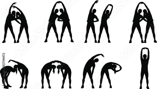 SEO-Friendly Title: Couple Partner Stretching Silhouettes Set, Dynamic Yoga Poses, Fitness, Flexibility, Harmony, and Teamwork Vector Collection for Health, Wellness, Exercise, and Sport.