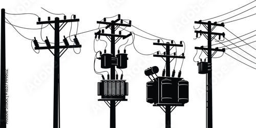 Silhouettes of multiple wooden electric poles featuring power lines, distribution transformers, and insulators, representing essential electricity infrastructure, rural electrical grid systems, and 