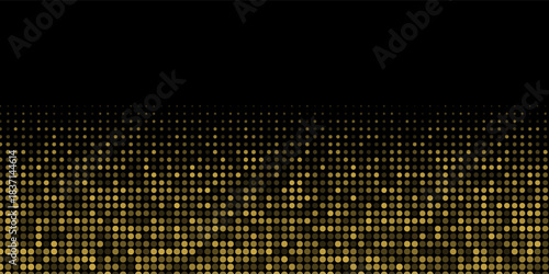Abstract luxury banner with golden glittering dots on black background. Sparkling glitter bottom border, vector frame. Halftone effect. Magical gold dust. Pop art style backdrop.
